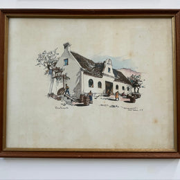 Framed Mixed Media "Schoongezicht Wine Cellars Cape Province" By Philip Bawcombe (British and South Africa Philip William Bawcombe 1906 - 2000)