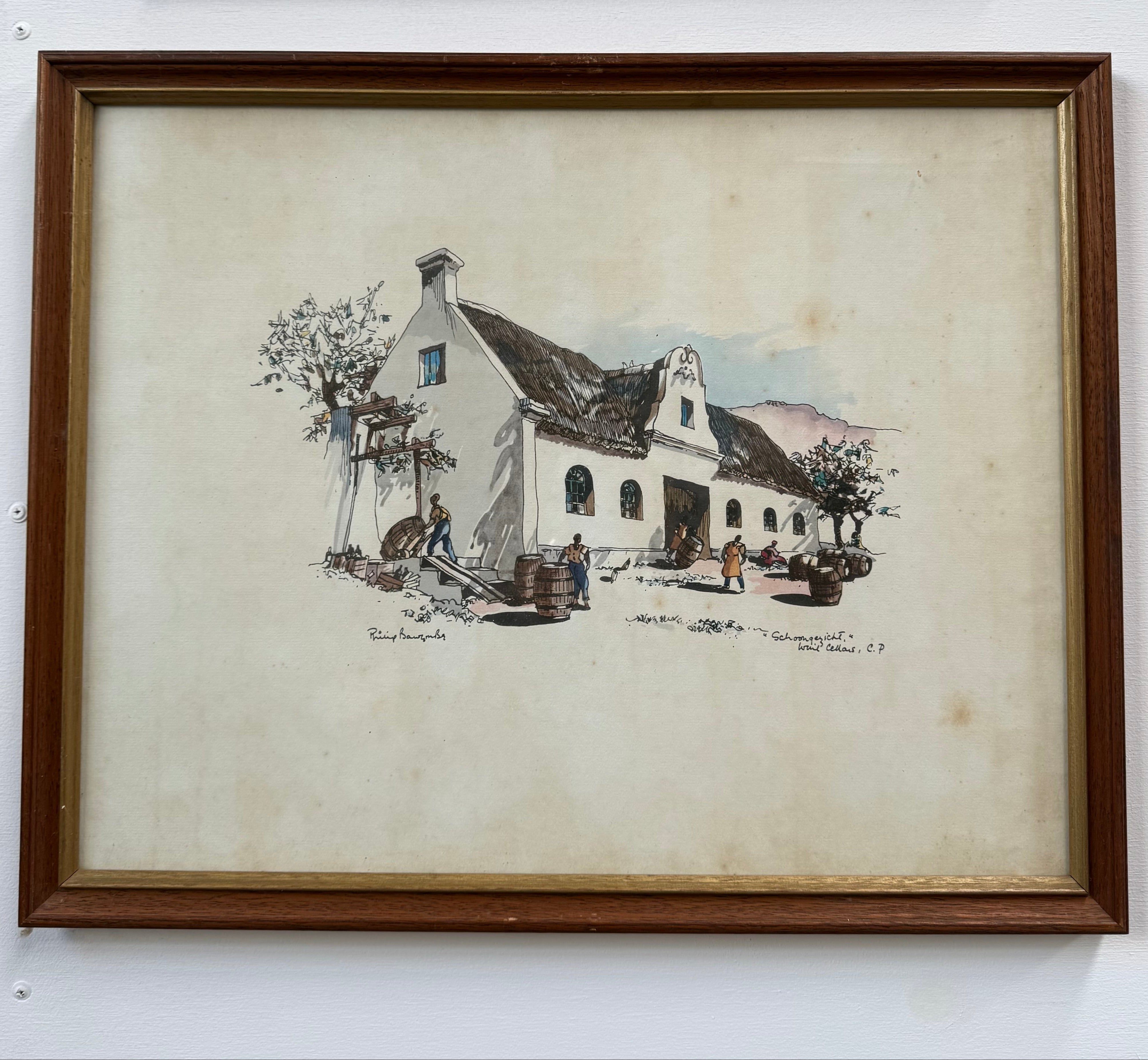 Framed Mixed Media "Schoongezicht Wine Cellars Cape Province" By Philip Bawcombe (British and South Africa Philip William Bawcombe 1906 - 2000) | Antique & Vintage | Moonee Ponds Antiques | Australia Wide