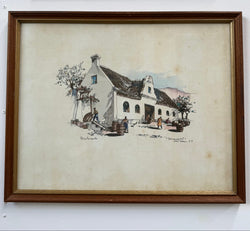Framed Mixed Media "Schoongezicht Wine Cellars Cape Province" By Philip Bawcombe (British and South Africa Philip William Bawcombe 1906 - 2000) | Antique & Vintage | Moonee Ponds Antiques | Australia Wide Delivery
