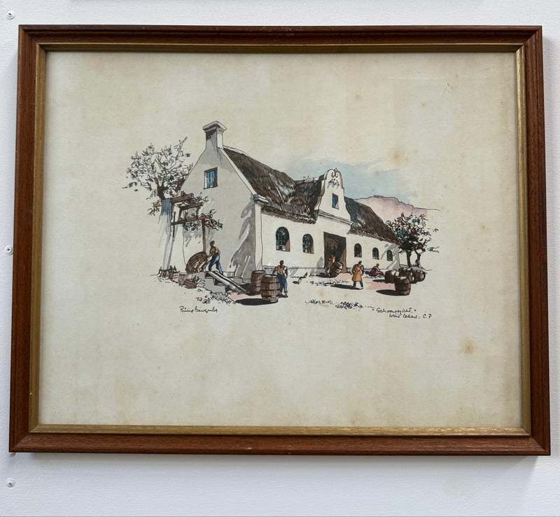Framed Mixed Media "Schoongezicht Wine Cellars Cape Province" By Philip Bawcombe (British and South Africa Philip William Bawcombe 1906 - 2000)