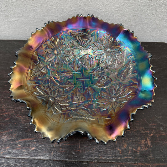 Northwood Purple Poinsetta & Lattice Carnival Glass Bowl
