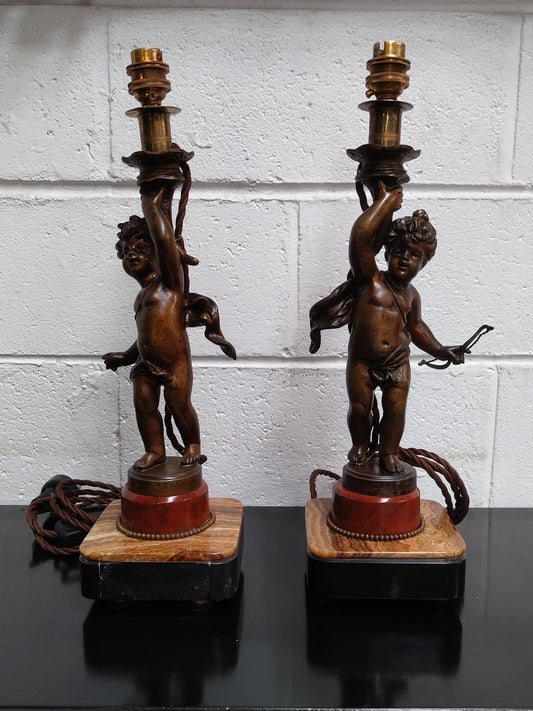 Pair French Art Deco Bronzed Metal Cherub Lamps