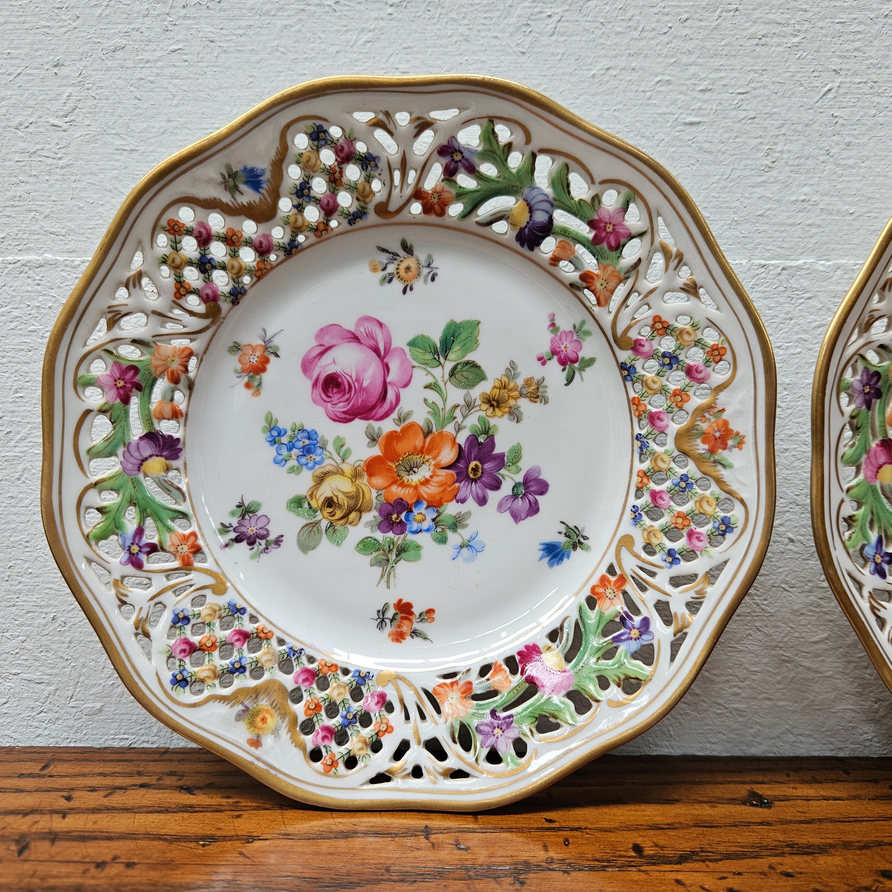 Pair Schumann Dresden Reticulated Hand Painted Plates | Antique & Vintage | Moonee Ponds Antiques | Australia Wide Delivery