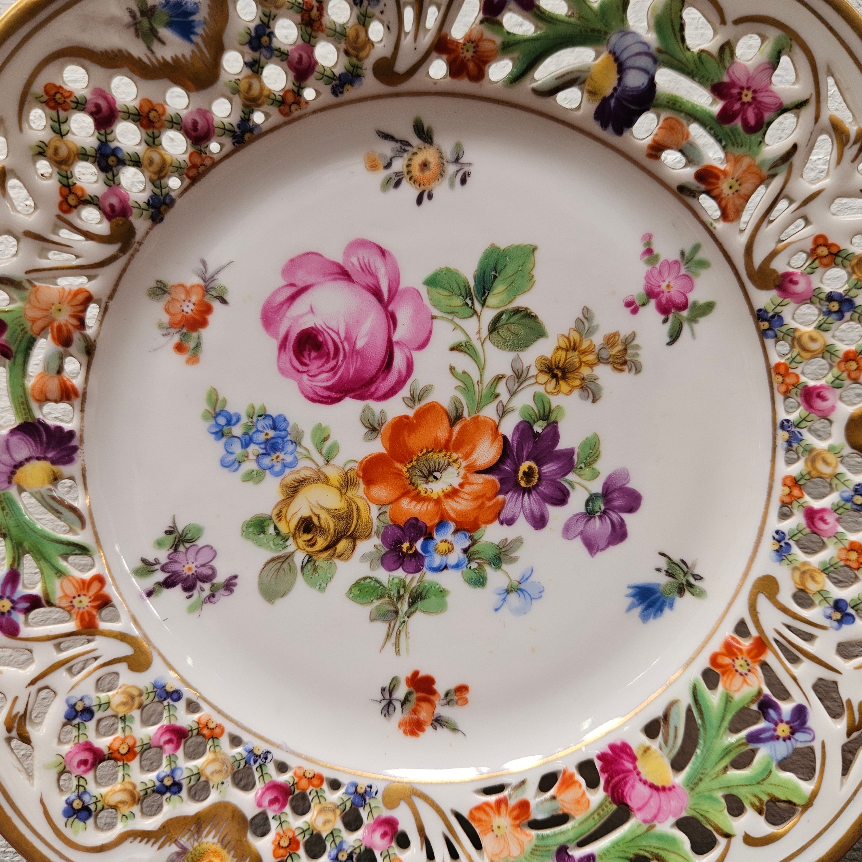 Pair Schumann Dresden Reticulated Hand Painted Plates | Antique & Vintage | Moonee Ponds Antiques | Australia Wide Delivery