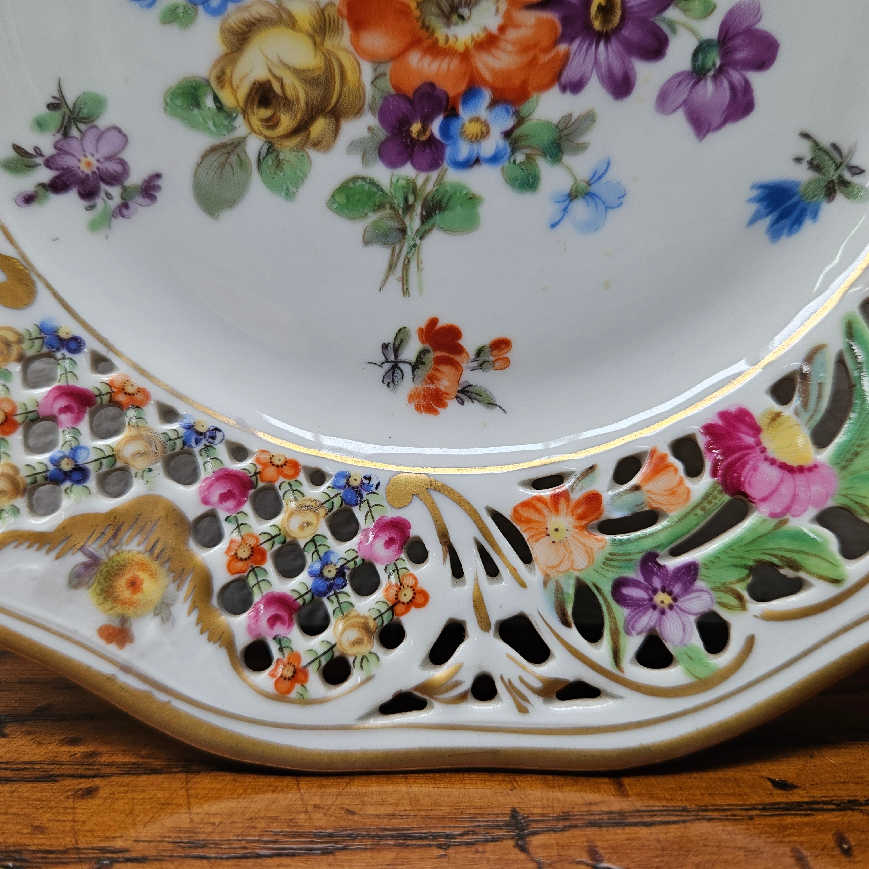 Pair Schumann Dresden Reticulated Hand Painted Plates | Antique & Vintage | Moonee Ponds Antiques | Australia Wide Delivery