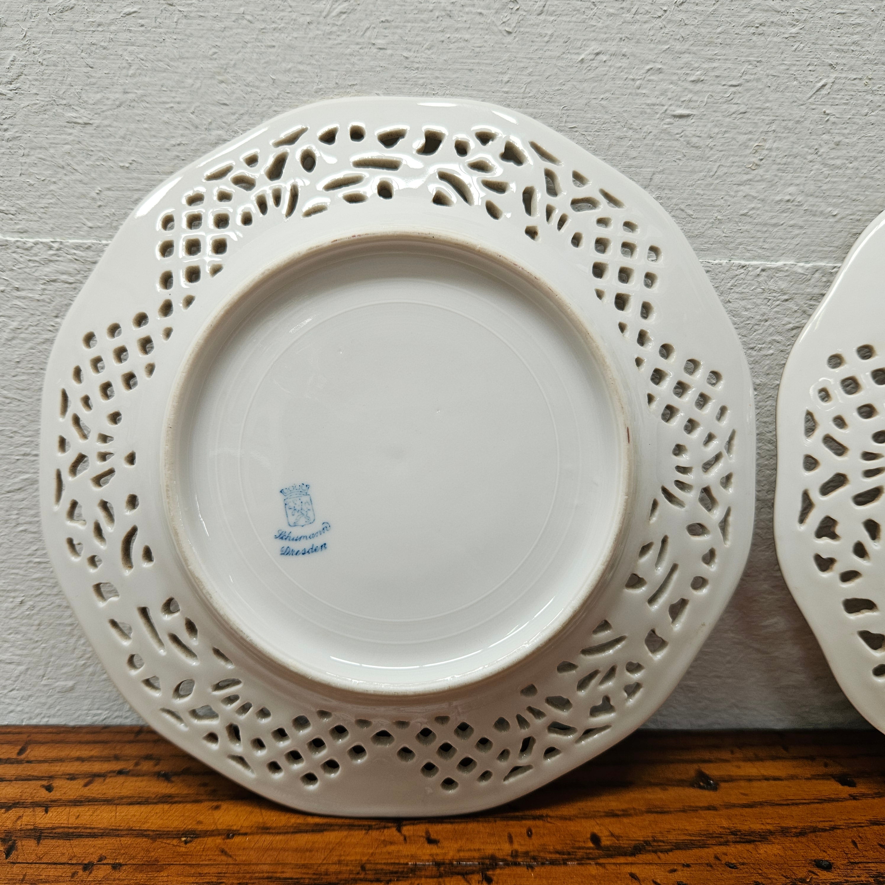 Pair Schumann Dresden Reticulated Hand Painted Plates | Antique & Vintage | Moonee Ponds Antiques | Australia Wide Delivery