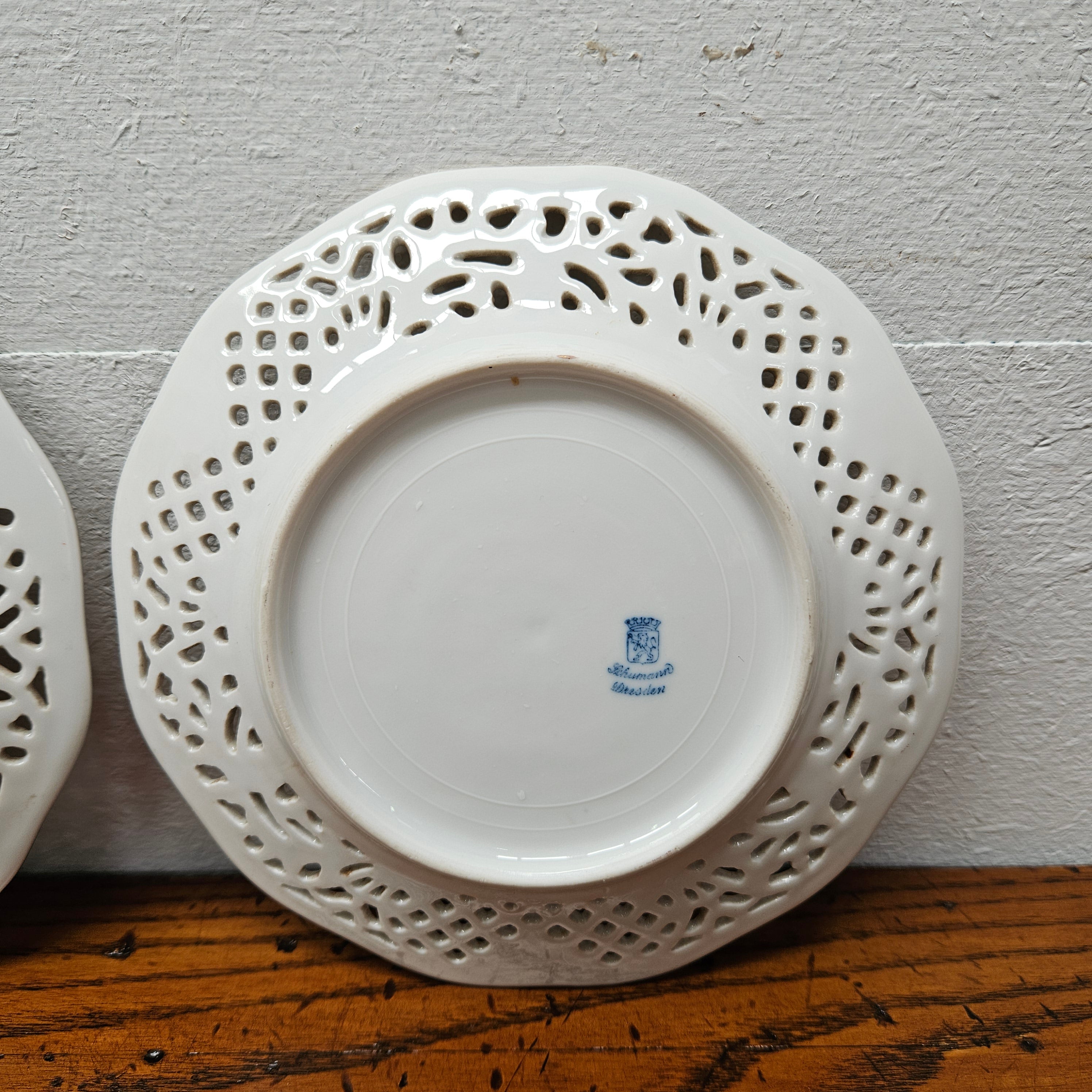 Pair Schumann Dresden Reticulated Hand Painted Plates | Antique & Vintage | Moonee Ponds Antiques | Australia Wide Delivery