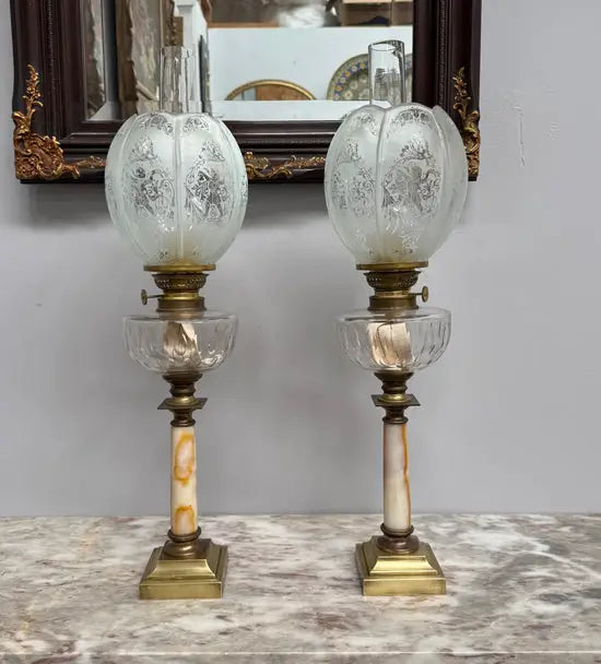 Pair of French Parisian Empire Style Oil Lamps Brass & Onyx