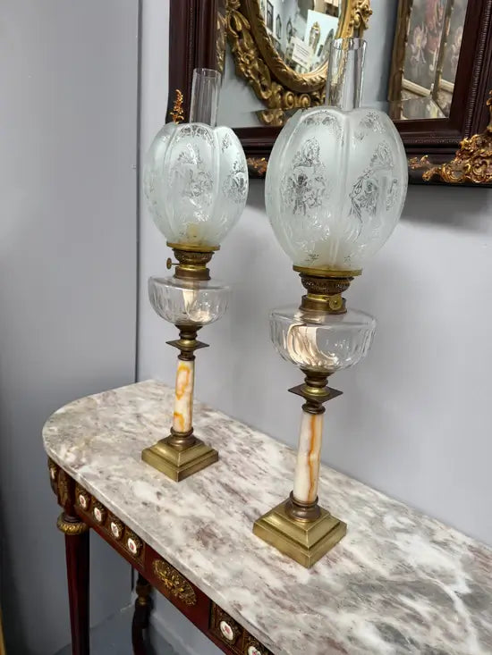 Pair of French Parisian Empire Style Oil Lamps Brass & Onyx