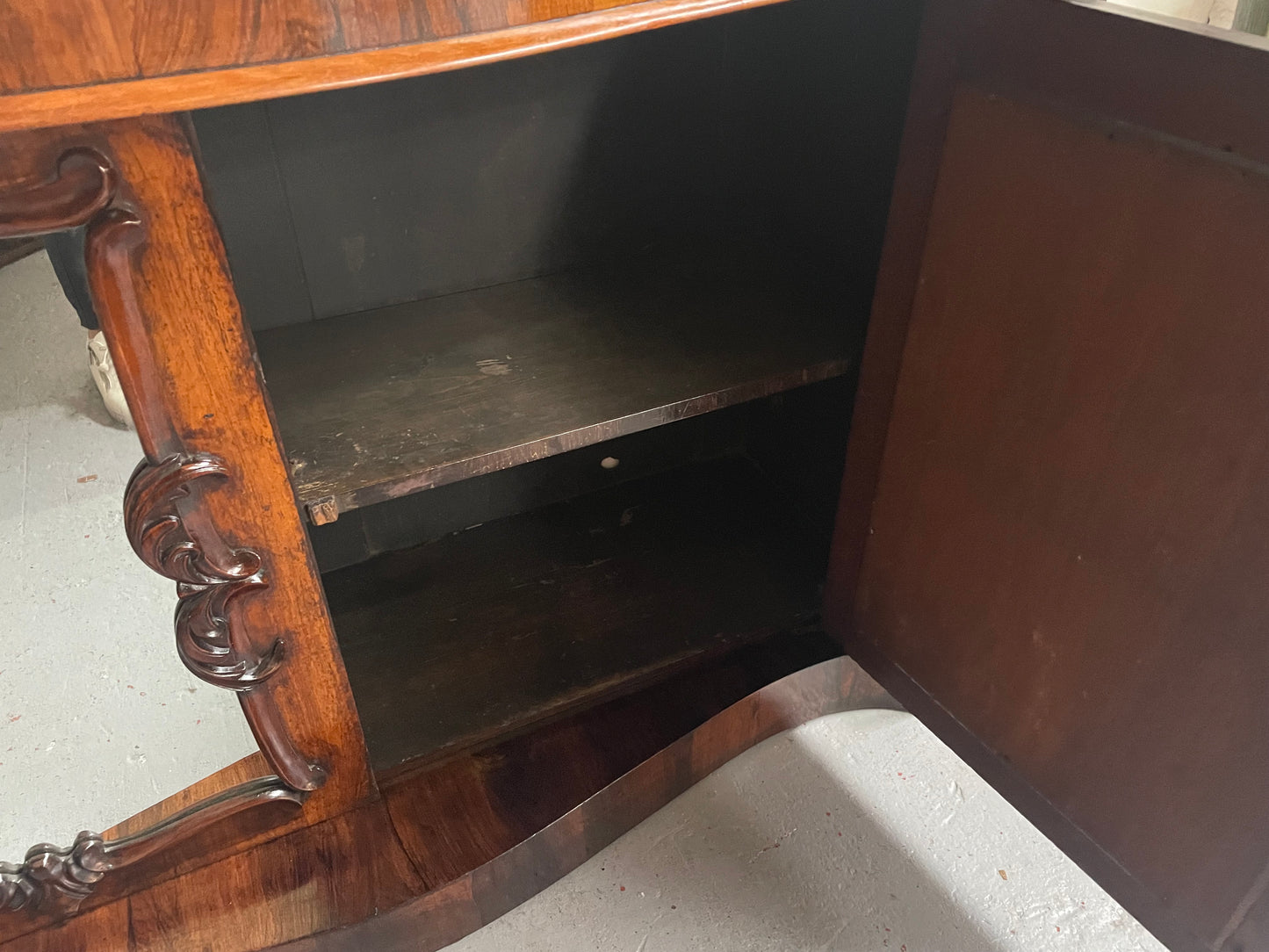 Antique English Rosewood marble top credenza. Featuring two beautiful mirrored doors and a lovely serpentine shaped front. Sourced locally and in good original detailed condition.