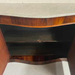 Antique English Rosewood marble top credenza. Featuring two beautiful mirrored doors and a lovely serpentine shaped front. Sourced locally and in good original detailed condition.