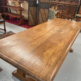 Fabulous French Oak pedestal refectory table. It comfortably fits 6-8 people and is in good original detailed condition. It has been sourced from France and is made from solid French Oak.