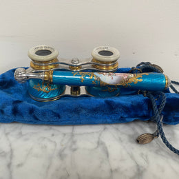 Stunning Blue Epoque Gilt, Brass, Enamel & Mother Of Pearl Opera Glasses