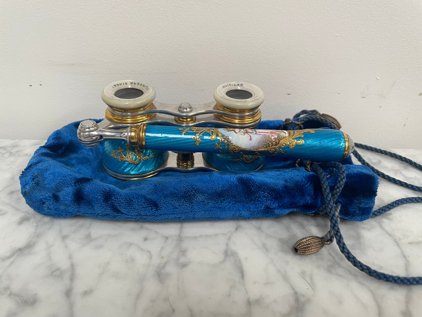 Stunning Blue Epoque Gilt, Brass, Enamel & Mother Of Pearl Opera Glasses