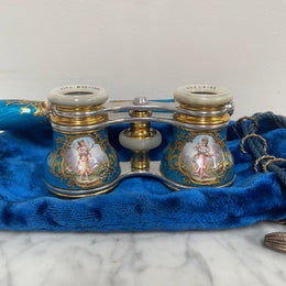 Stunning Blue Epoque Gilt, Brass, Enamel & Mother Of Pearl Opera Glasses