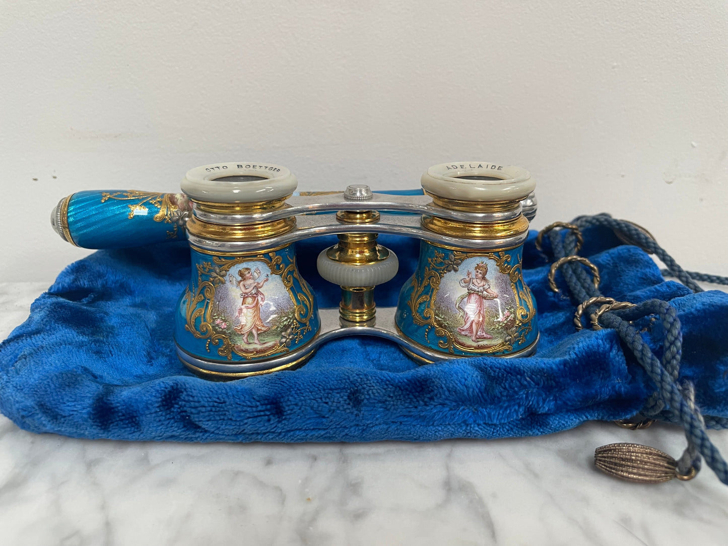 Stunning Blue Epoque Gilt, Brass, Enamel & Mother Of Pearl Opera Glasses