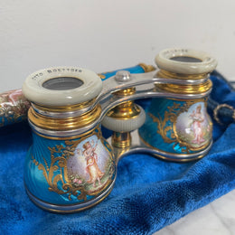 Stunning Blue Epoque Gilt, Brass, Enamel & Mother Of Pearl Opera Glasses