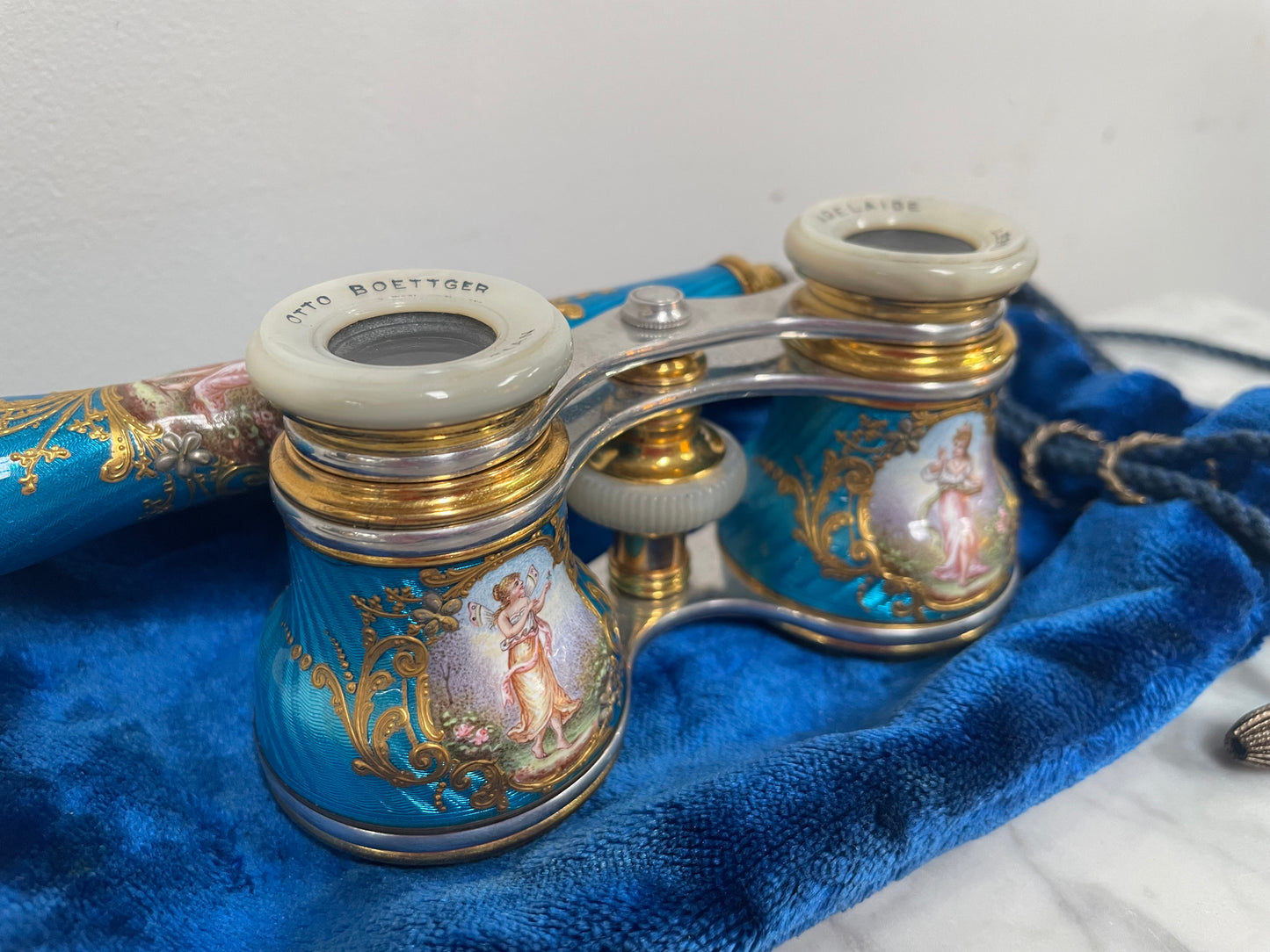 Stunning Blue Epoque Gilt, Brass, Enamel & Mother Of Pearl Opera Glasses