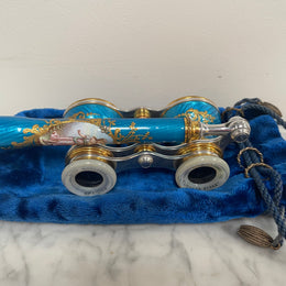 Stunning Blue Epoque Gilt, Brass, Enamel & Mother Of Pearl Opera Glasses