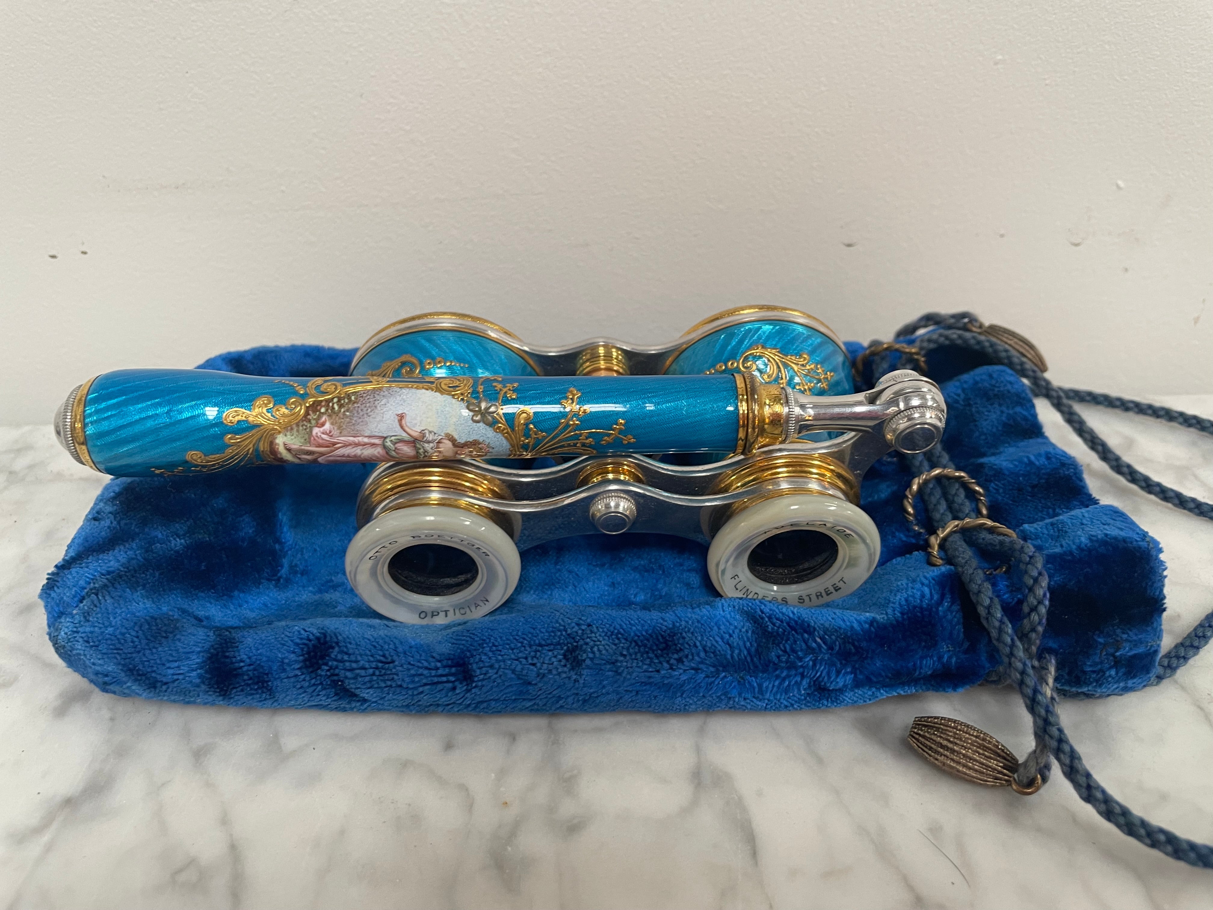 Stunning Blue Epoque Gilt, Brass, Enamel & Mother Of Pearl Opera Glasses | Antique & Vintage | Moonee Ponds Antiques | Australia Wide Delivery