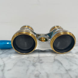 Stunning Blue Epoque Gilt, Brass, Enamel & Mother Of Pearl Opera Glasses