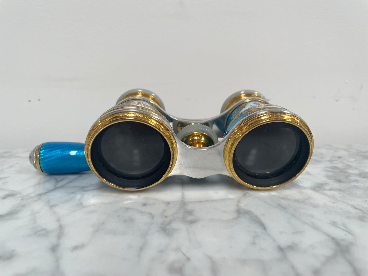 Stunning Blue Epoque Gilt, Brass, Enamel & Mother Of Pearl Opera Glasses