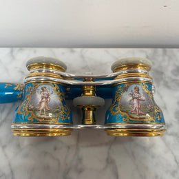 Stunning Blue Epoque Gilt, Brass, Enamel & Mother Of Pearl Opera Glasses