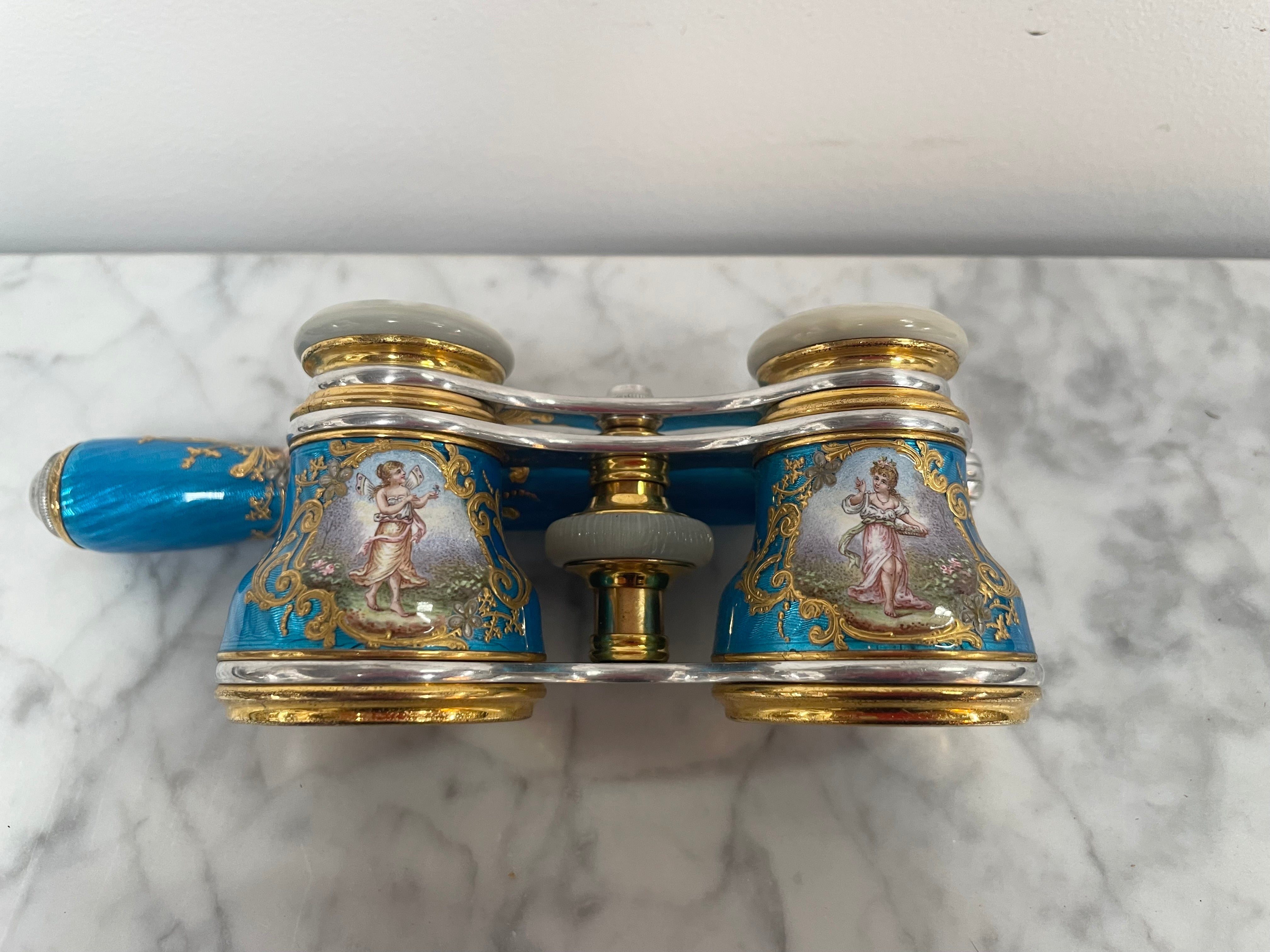 Stunning Blue Epoque Gilt, Brass, Enamel & Mother Of Pearl Opera Glasses | Antique & Vintage | Moonee Ponds Antiques | Australia Wide Delivery