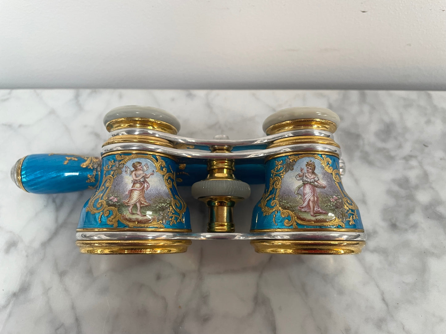 Stunning Blue Epoque Gilt, Brass, Enamel & Mother Of Pearl Opera Glasses