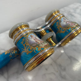 Stunning Blue Epoque Gilt, Brass, Enamel & Mother Of Pearl Opera Glasses