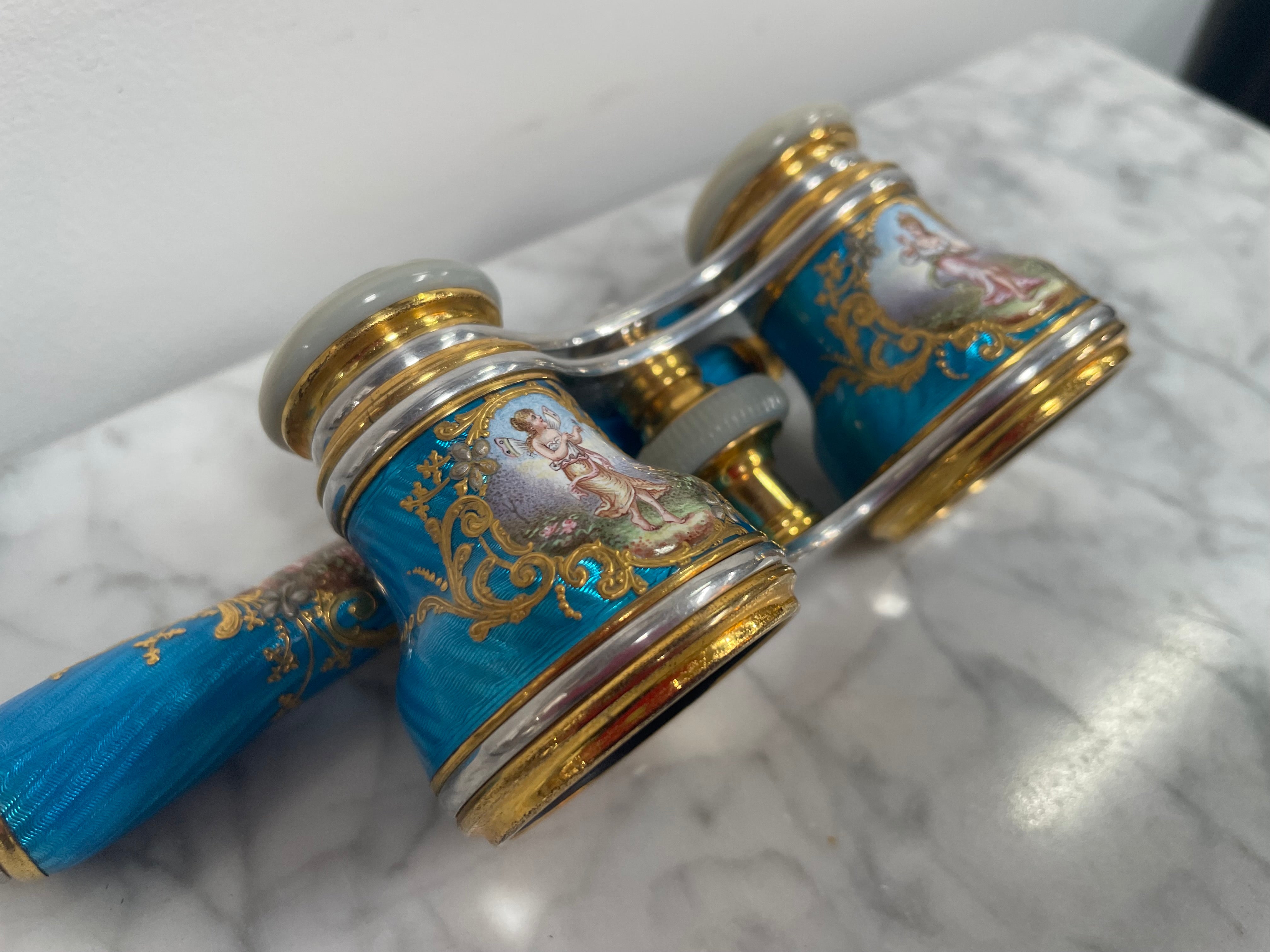 Stunning Blue Epoque Gilt, Brass, Enamel & Mother Of Pearl Opera Glasses | Antique & Vintage | Moonee Ponds Antiques | Australia Wide Delivery