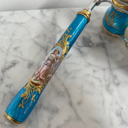 Stunning Blue Epoque Gilt, Brass, Enamel & Mother Of Pearl Opera Glasses