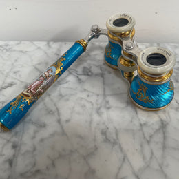 Stunning Blue Epoque Gilt, Brass, Enamel & Mother Of Pearl Opera Glasses
