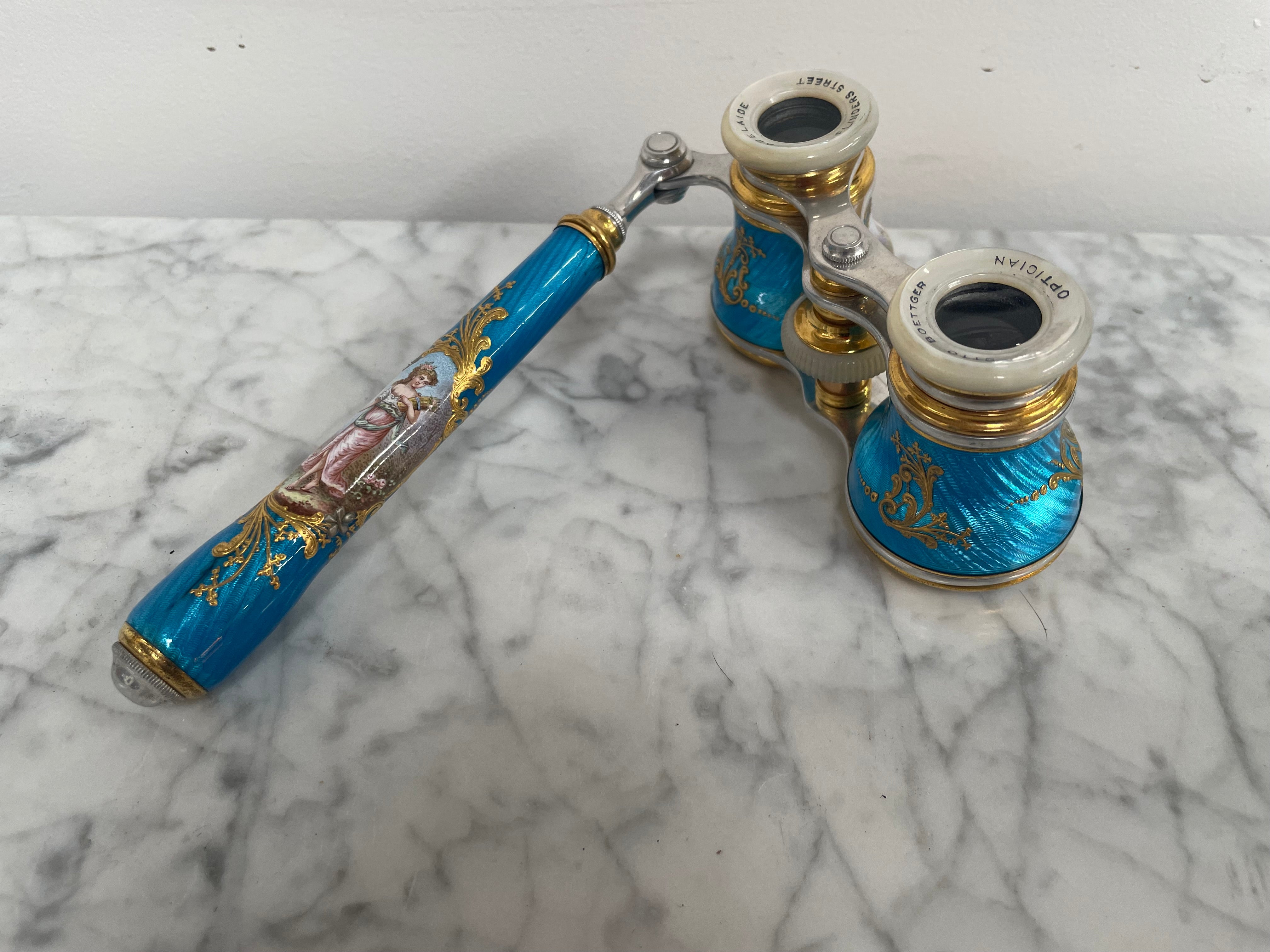 Stunning Blue Epoque Gilt, Brass, Enamel & Mother Of Pearl Opera Glasses | Antique & Vintage | Moonee Ponds Antiques | Australia Wide Delivery