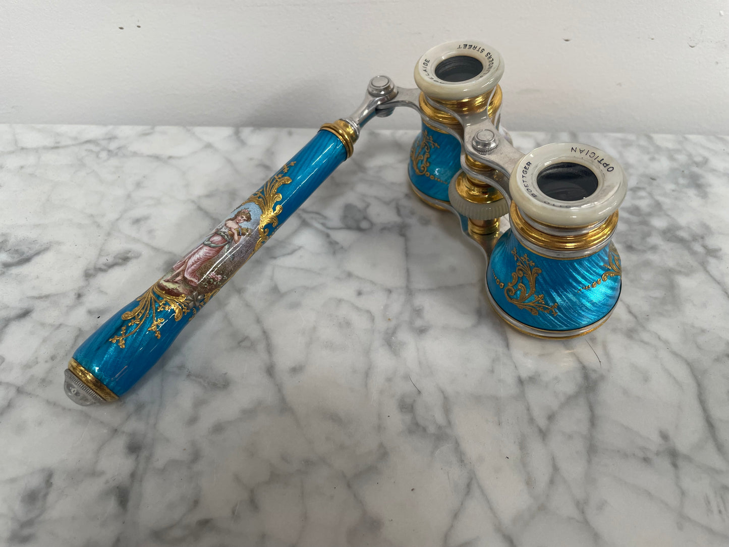 Stunning Blue Epoque Gilt, Brass, Enamel & Mother Of Pearl Opera Glasses