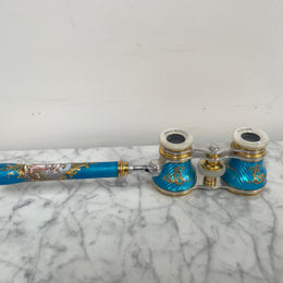 Stunning Blue Epoque Gilt, Brass, Enamel & Mother Of Pearl Opera Glasses