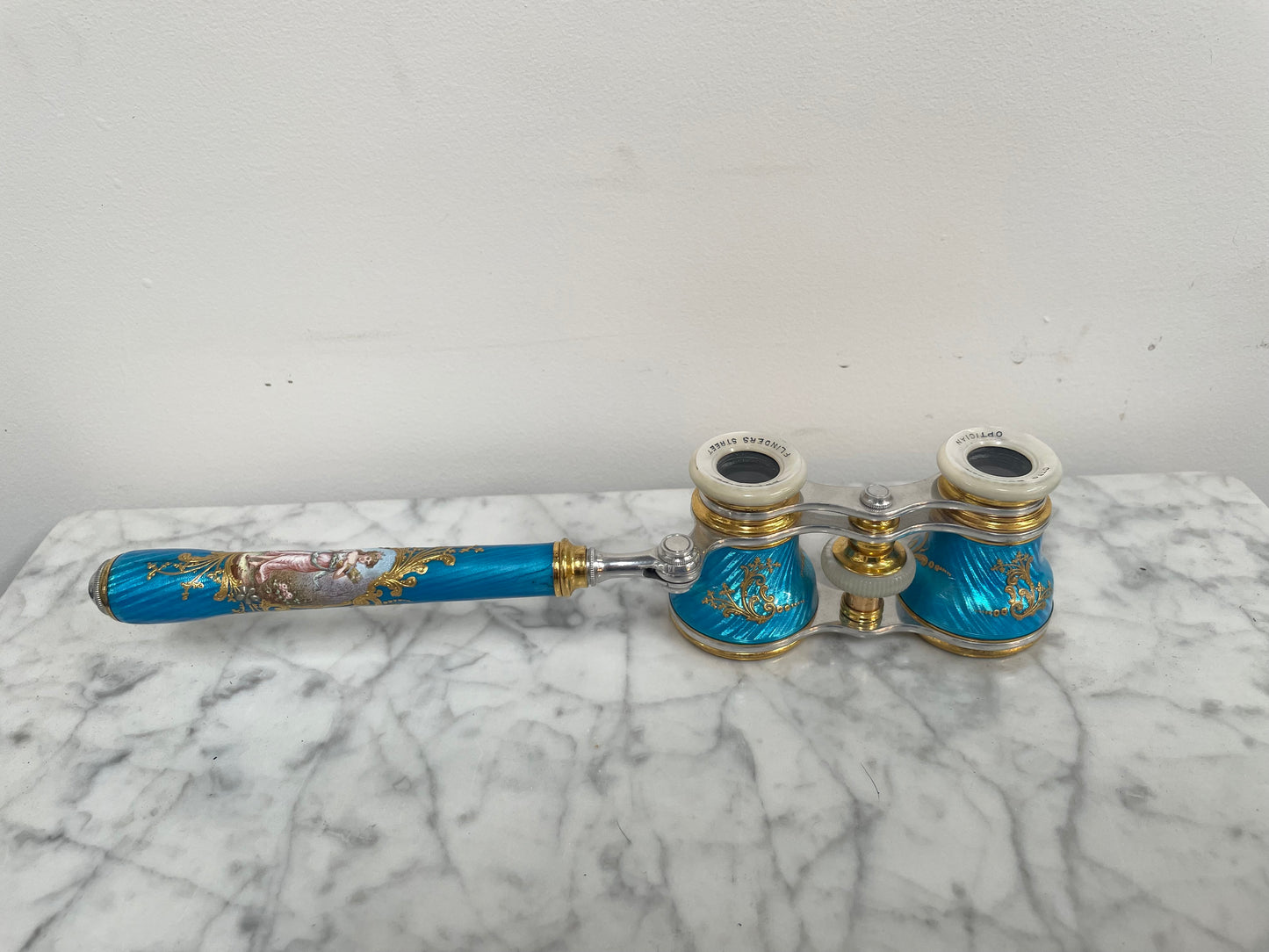 Stunning Blue Epoque Gilt, Brass, Enamel & Mother Of Pearl Opera Glasses