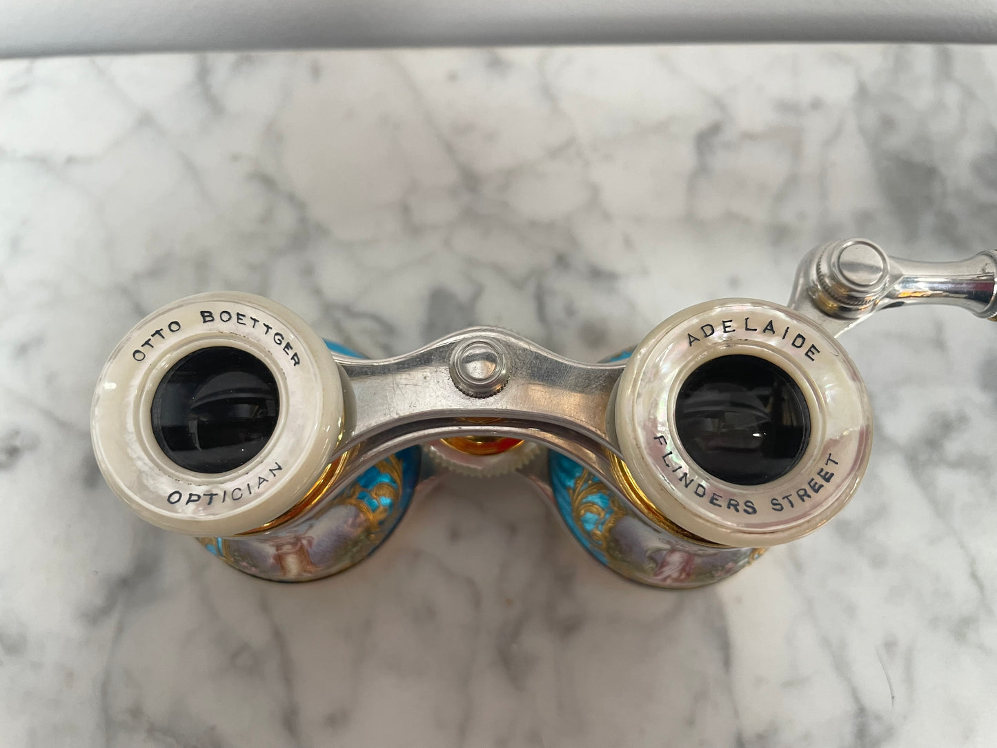 Stunning Blue Epoque Gilt, Brass, Enamel & Mother Of Pearl Opera Glasses