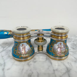 Stunning Blue Epoque Gilt, Brass, Enamel & Mother Of Pearl Opera Glasses
