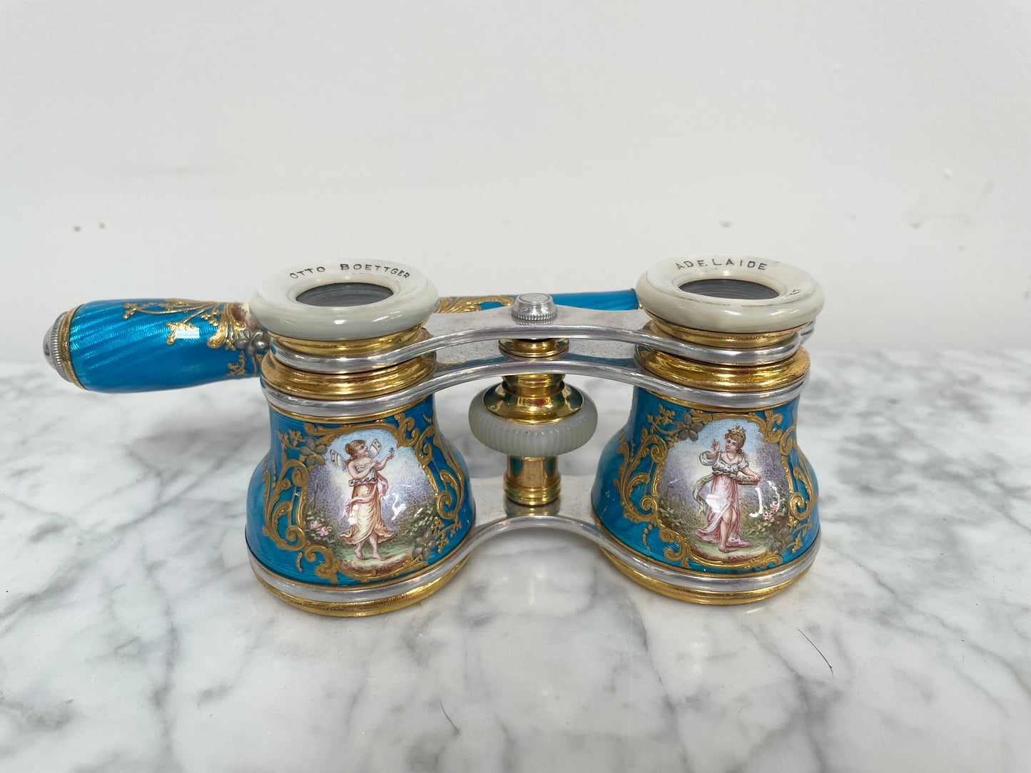 Stunning Blue Epoque Gilt, Brass, Enamel & Mother Of Pearl Opera Glasses