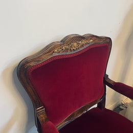 Louis XV style French Walnut armchair/desk chair with red valet upholstery. Fabric is in good condition with some signs of use and features beautiful decorative mounts. It has been sourced from France and is in good original detailed condition. 