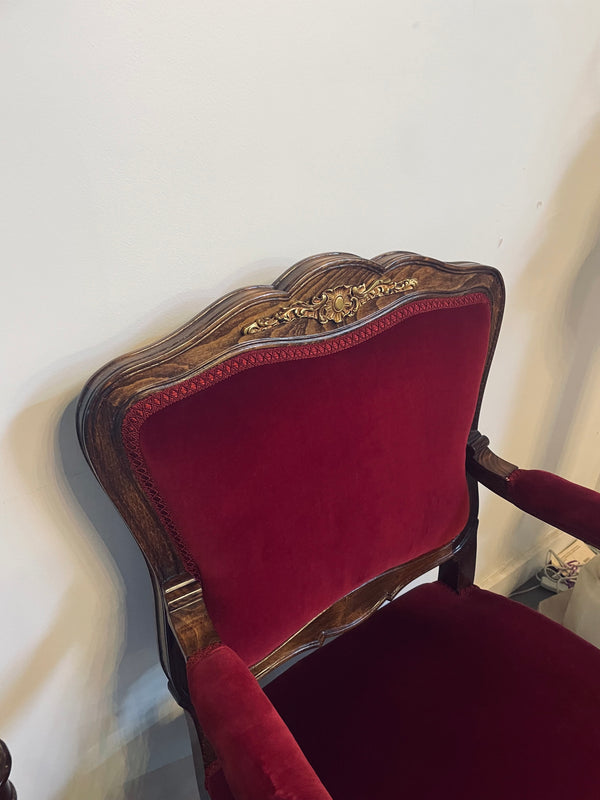 Louis XV style French Walnut armchair/desk chair with red valet upholstery. Fabric is in good condition with some signs of use and features beautiful decorative mounts. It has been sourced from France and is in good original detailed condition. 