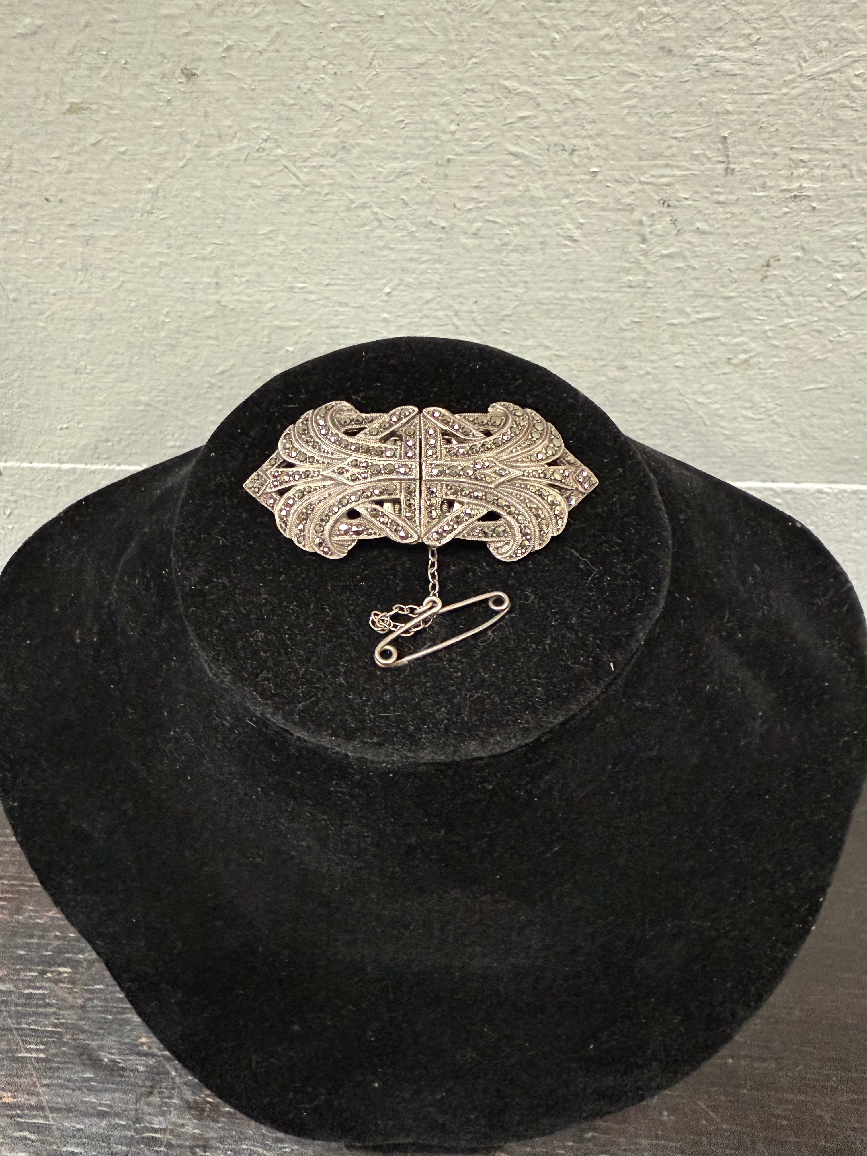 "Lega" Silver & Marcasite Double Dress Clip Brooch | Antique & Vintage | Moonee Ponds Antiques | Australia Wide Delivery
