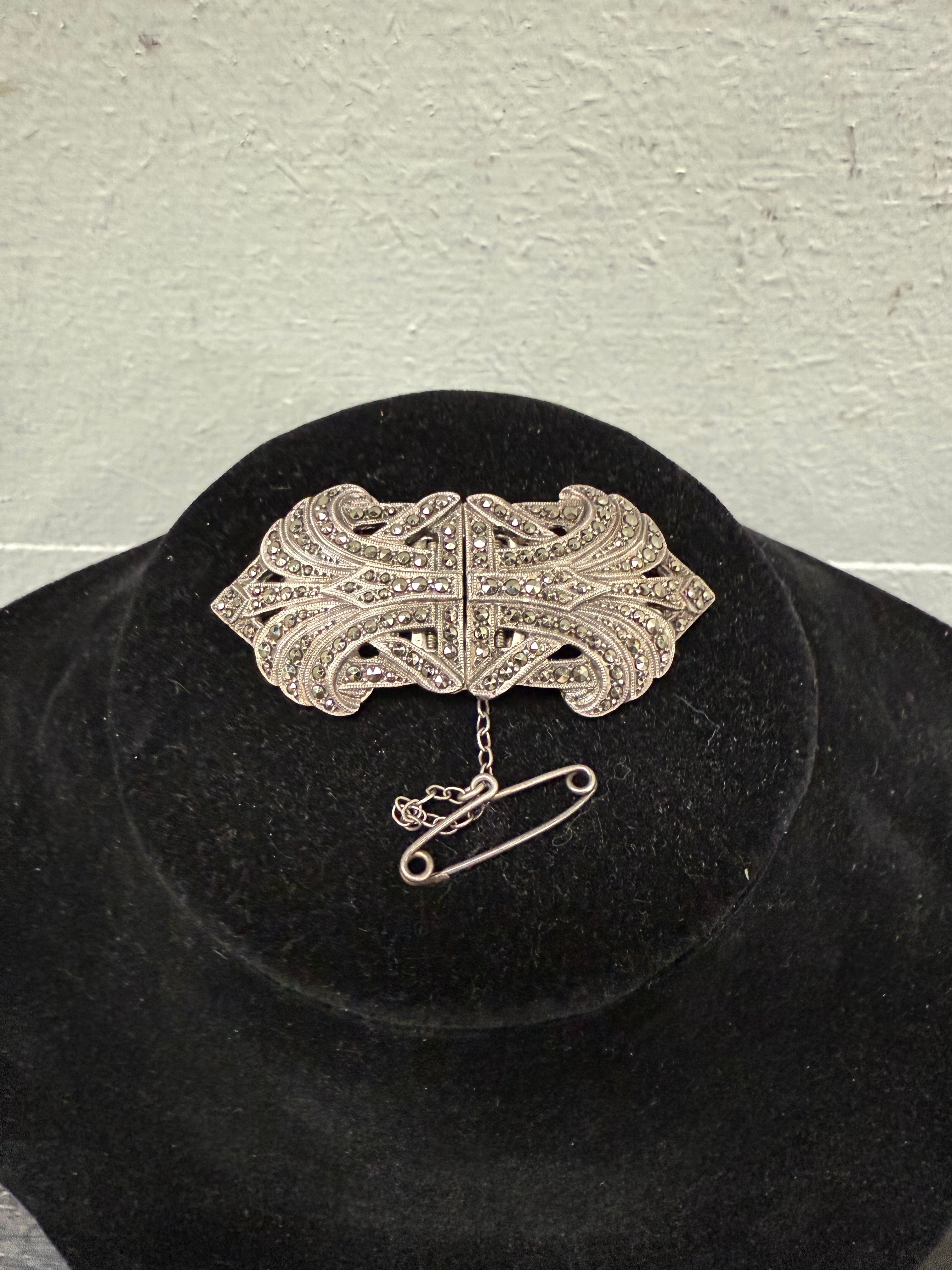 "Lega" Silver & Marcasite Double Dress Clip Brooch | Antique & Vintage | Moonee Ponds Antiques | Australia Wide Delivery