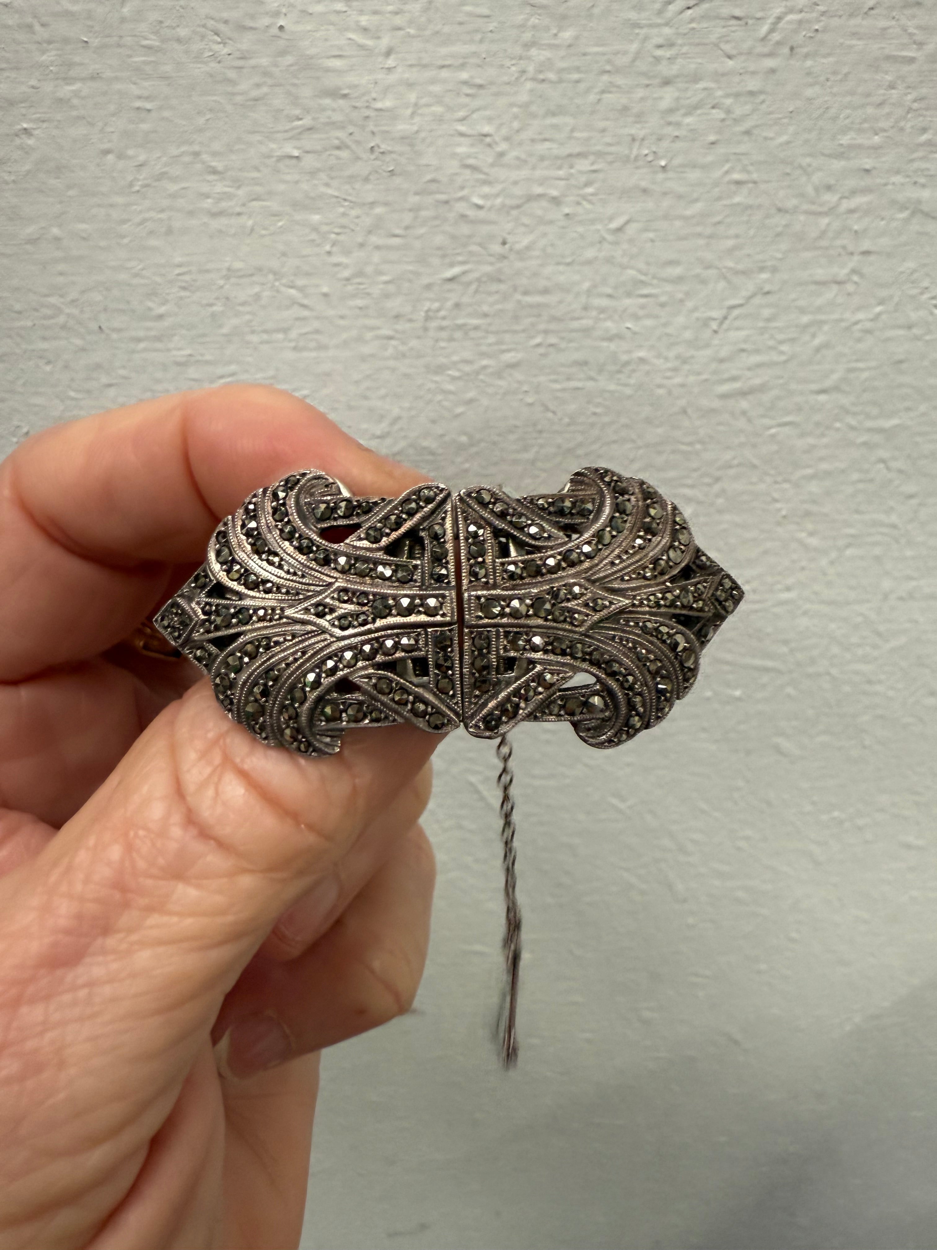 "Lega" Silver & Marcasite Double Dress Clip Brooch | Antique & Vintage | Moonee Ponds Antiques | Australia Wide Delivery