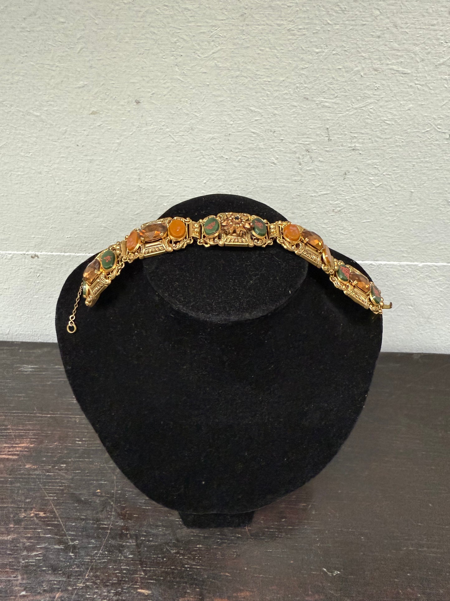 Vintage Muti Stone Bracelet On A Gilt Metal Filigree Base.