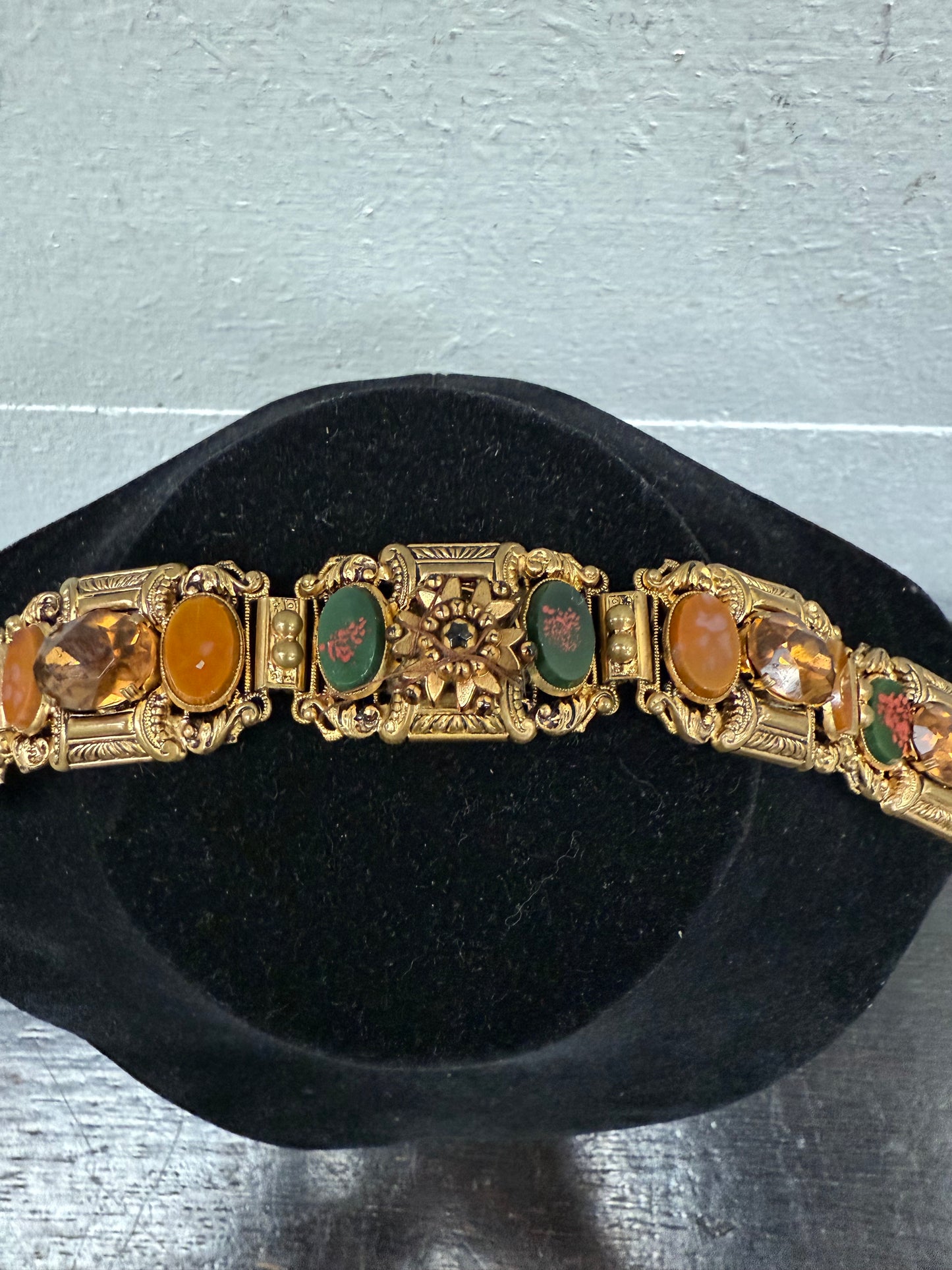 Vintage Muti Stone Bracelet On A Gilt Metal Filigree Base.