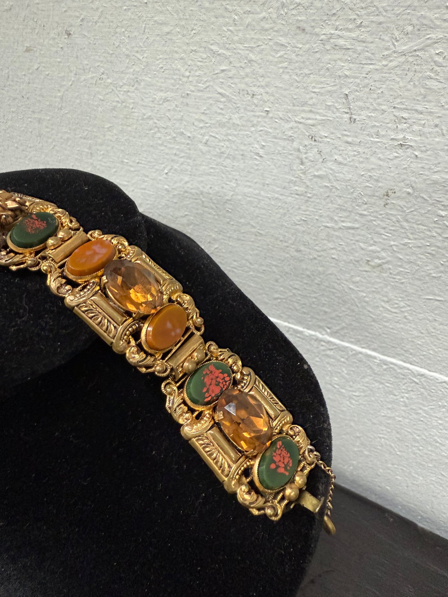 Vintage Muti Stone Bracelet On A Gilt Metal Filigree Base.