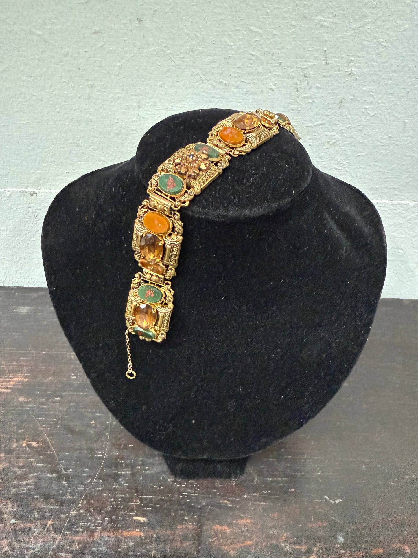 Vintage Muti Stone Bracelet On A Gilt Metal Filigree Base.