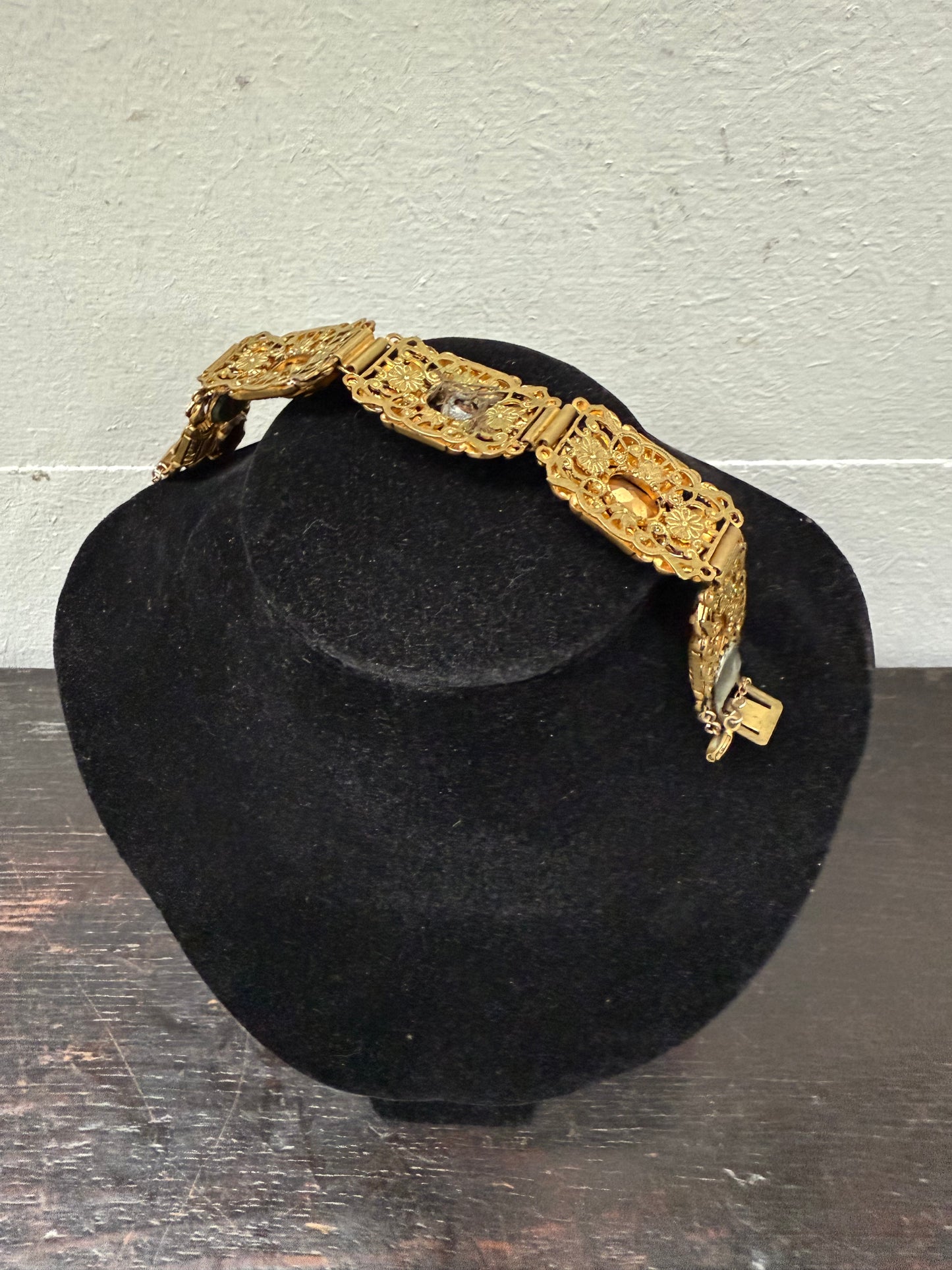 Vintage Muti Stone Bracelet On A Gilt Metal Filigree Base.